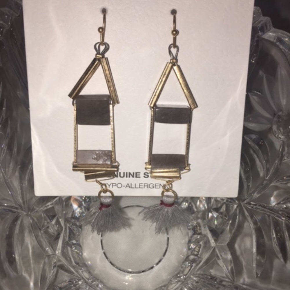 Gold Tone Gray Stone & Tassel Earrings New